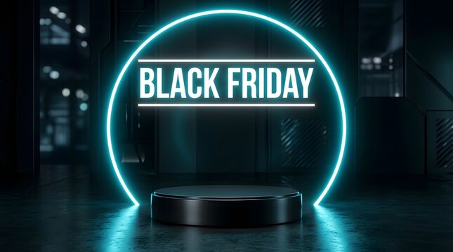 Black friday neon sign with a circular light frame and a dark product display podium in a futuristic interior setting for retail marketing