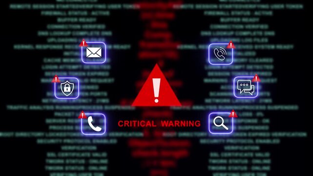 Critical system warning alert with glowing digital and cyber security breach notification interface displaying real-time network threat analysis and data protection failure on dark background