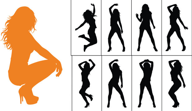 Energetic dancing women silhouettes collection vector illustration featuring girl party poses nightclub dancers and jump actions