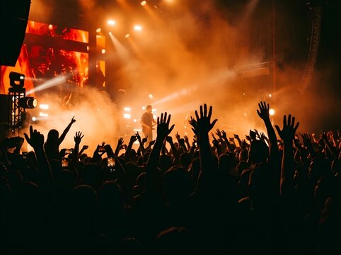 Crowd cheering at a vibrant concert with lights