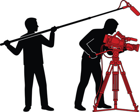 Video production crew silhouettes recording with red movie camera on tripod and long boom microphone vector