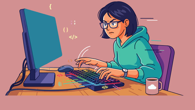Stressed female programmer typing furiously on a mechanical keyboard in front of a computer monitor