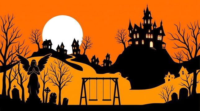 Halloween background with haunted mansion, cemetery, angel statue, and swing set under a full moon