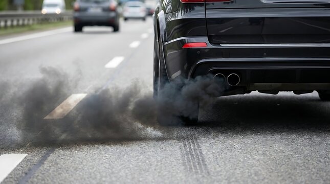 Black car emitting thick exhaust fumes on highway roadway