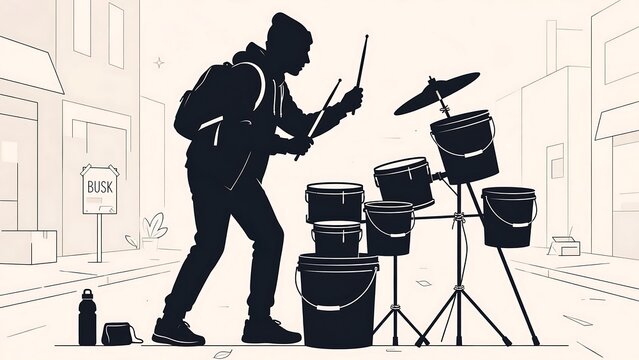 Street musician playing drums on white background.