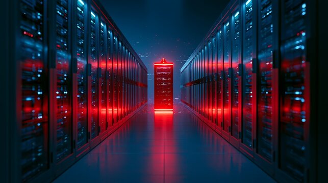 Glowing server room with red error alert in center of data center hallway