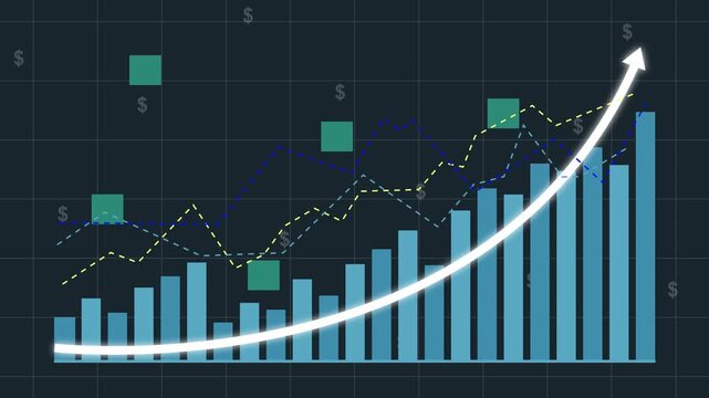 Dynamic financial growth bar chart animation featuring rising trend lines, floating dollar signs, and upward arrow indicators for business presentations, economic analysis, and market data reports