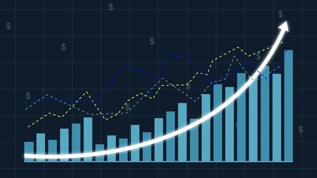 Dynamic financial growth chart animation featuring rising bar graphs and upward trend arrows with floating dollar signs on a dark grid background, representing economic success, market gains, and