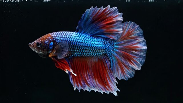 Elegant Blue and Red Betta Splendens Swimming Gracefully Against a Solid Black Background in Slow Motion