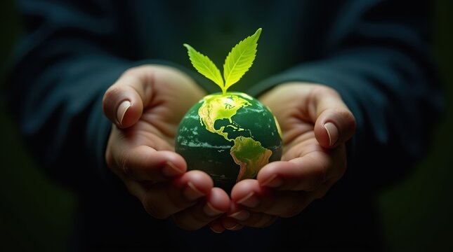Hands holding a glowing tiny green planet earth with a growing sprout in dark background