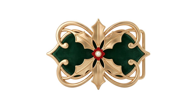 Christmas decorative gold belt buckle with holly leaf design isolated on transparent background