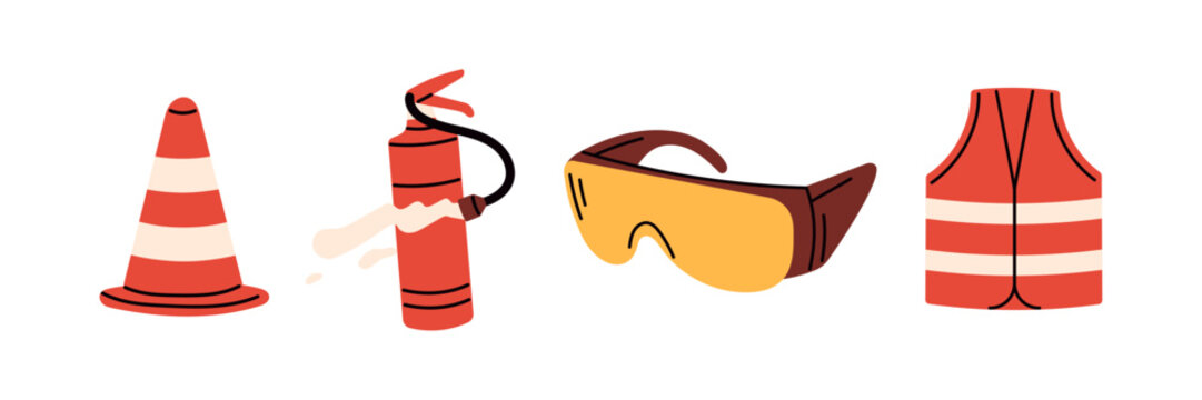 Safety equipment collection, traffic cone, fire extinguisher, protective goggles and reflective vest, road work and emergency protection gear, construction accessories flat vector illustration.