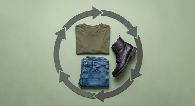 Sustainable Circular Fashion Concept with Folded T Shirt Blue Jeans and Boot Inside Recycling Arrow Loop for Eco Friendly Clothing
