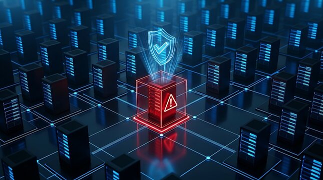 Abstract digital illustration of a secure server network with a glowing red warning icon on a central unit surrounded by blue glowing data centers.