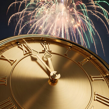 Luxurious brushed gold clock hands striking midnight against bursting night fireworks