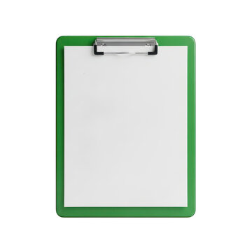 Green plastic clipboard with empty blank paper sheet isolated on transparent background