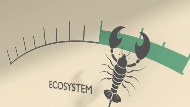 A dial scale with tick marks and a highlighted zone uses a lobster icon as pointer and reads ECOSYSTEM. It presents marine ecology, ocean life, habitat, biodiversity, conservation and balance.