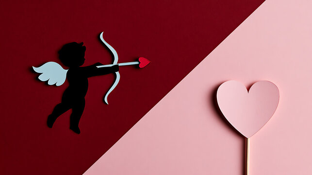 Silhouette of cupid with bow and arrow aims towards a pink heart on a stick