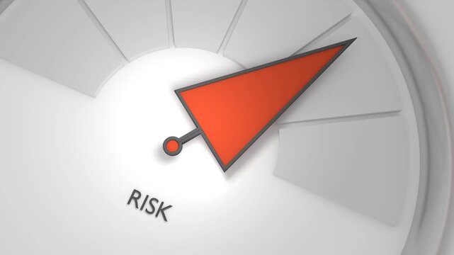 A close-up dial scale with segments and a bold arrow pointer reads RISK at a high level. It presents danger, threat, hazard, warning, assessment, management, finance, insurance and safety themes.