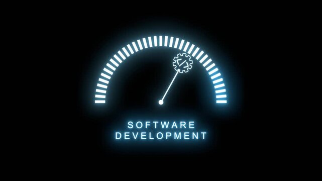 A glowing neon tick dial scale with a gear holding code signs as pointer reads SOFTWARE DEVELOPMENT in a high zone. It presents coding, programming, engineering, technology, testing and innovation.