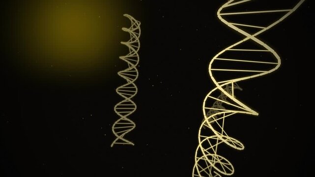 Glowing DNA double helix strands with golden light glow on a dark background, representing scientific research and biotechnology, ideal for medical education, genetic engineering concepts and science