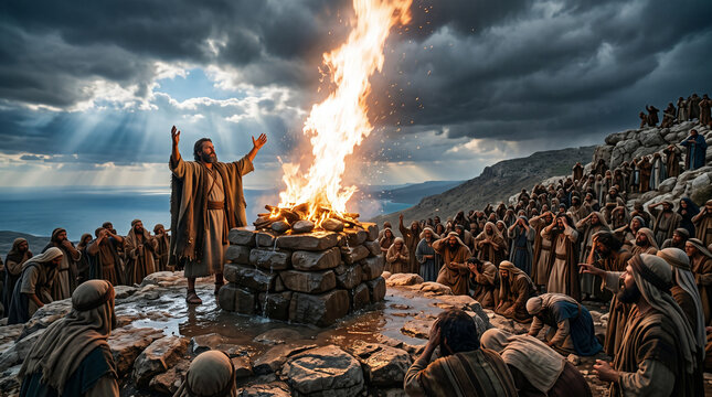 Elijah Calling Down Fire From Heaven on Mount Carmel, God Answering His Prayer, 1 Kings 18 Biblical Story
