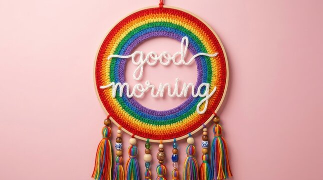 Rainbow crocheted dreamcatcher with good morning text on pink background