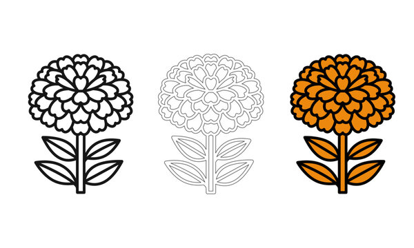 Set of three zinnia flower vector icons featuring black outline, thin line art, and orange fill styles for botanical graphic design and floral illustration use.