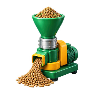 Small industrial pellet mill machine producing animal feed on a clean white background studio