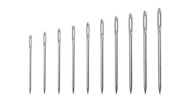 Assorted sewing needles lined up in a row isolated on transparent background
