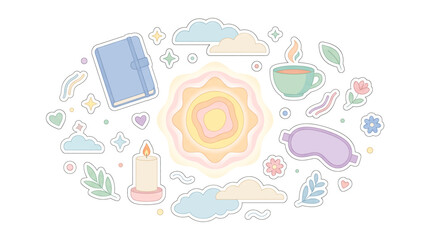 Fototapeta premium Cute pastel lifestyle sticker sheet with journal notebook, coffee cup, and cozy aesthetic elements for graphic design and minimal user interface design projects