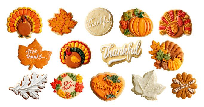 Collection set of many Thanksgiving cookies in different cute shapes, turkey ,autumn leaves, text give thanks or thankful, pumpkin  isolated on white  or transparent background, png cut out