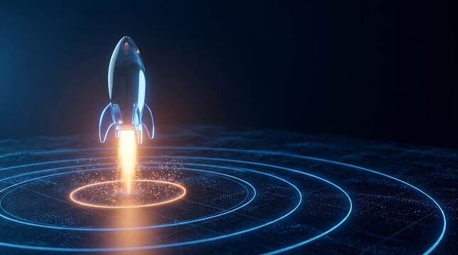 Futuristic glass rocket takes off with sparkling golden fire on dark blue technology grid background representing digital business startup and technological jump.