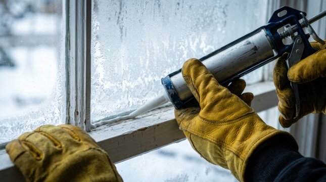 Closeup of a homeowner's gloved hands caulking a window frame seal with a caulking gun, frost visible on the glass pane behind, defocused background.