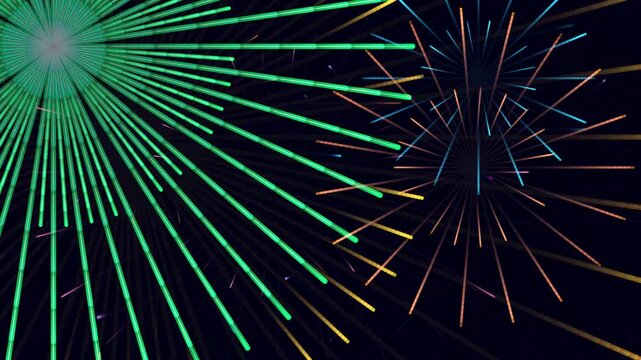 Vector capsule fireworks animation loop featuring dynamic cylinder particles and gradient color trails.