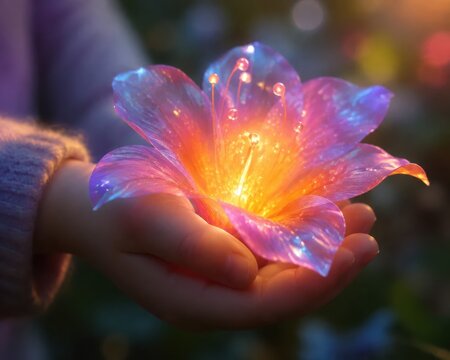 Hand Holding Bright Glowing Flower in Gentle Light Display