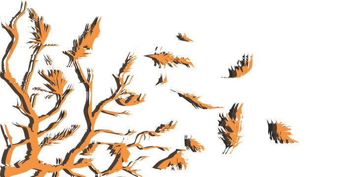 Abstract vector illustration of autumn leaves blowing off tree branches in the wind, isolated on a white background.