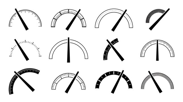 Minimalist speedometer icons set, speed meter dashboard indicators collection, performance gauges graphic elements