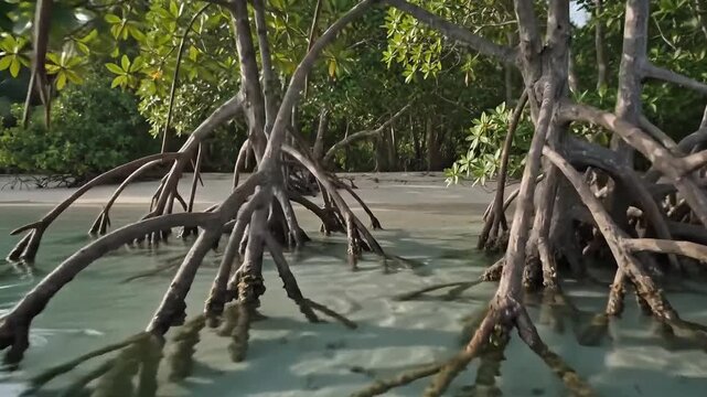 Mangrove Roots in Coastal Water: The intricate aerial roots of mangrove trees emerge from the clear shallow water near a tropical shoreline.