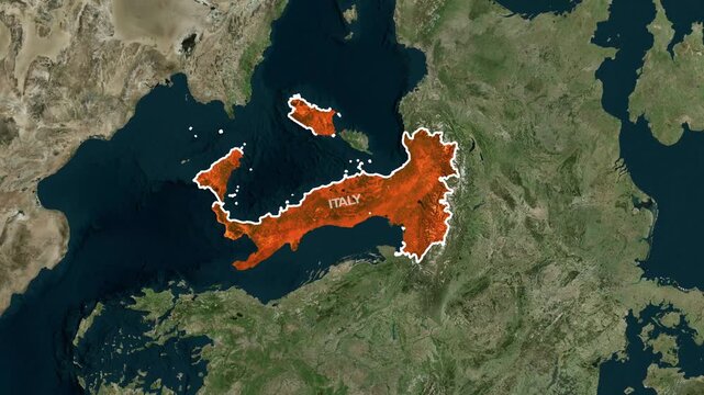 Orange stylized Italy country map shape on satellite background for digital motion video footage animation element