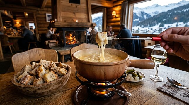 Fondue pot filled with molten cheese sits on a wooden table inside a cozy mountain cabin lodge.