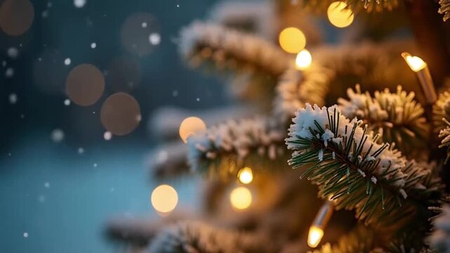 ​Snowy pine tree branches decorated with glowing string lights and bokeh for winter holiday background  
