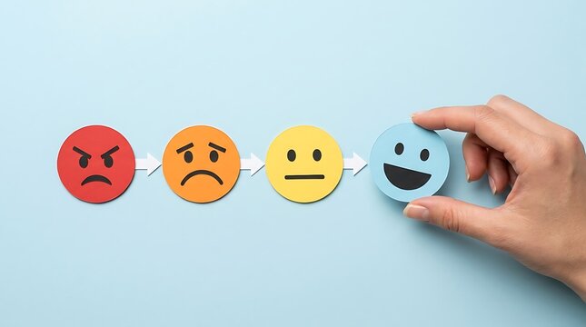 Hand placing happy smiley face on scale of paper mood icons from angry to joyful depicting customer feedback rating and emotional evaluation process.