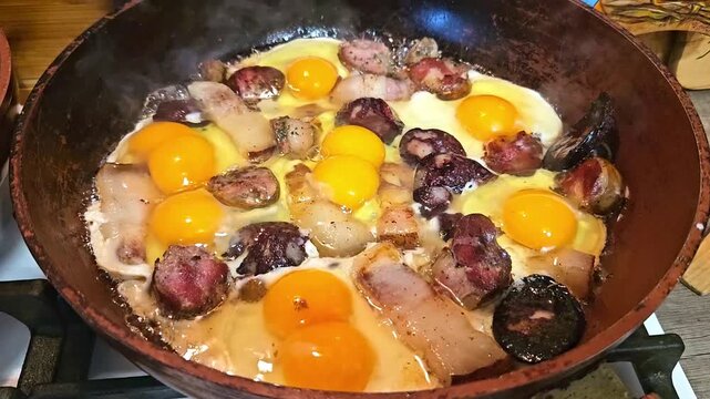 Close-up of traditional Ukrainian sunny-side up eggs frying with pork sausage and blood sausage on sizzling pork fat in a pan