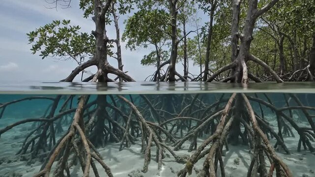 Mangrove Ecosystem: A split-view shot reveals the intricate root system of mangrove trees, both above and below the waterline, showcasing the unique biodiversity of this coastal environment.