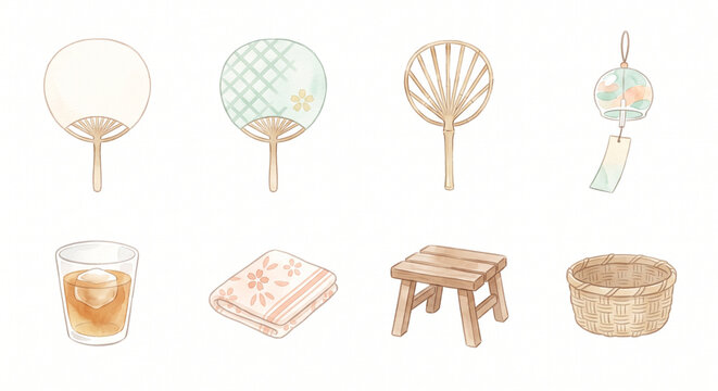 団扇と夏のすずみの道具 クリップアート 水彩