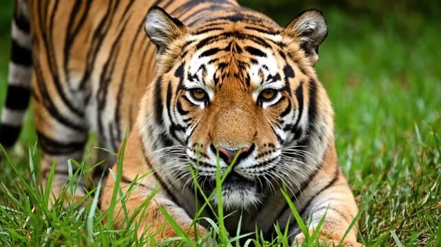 Sumatran tiger stalk prey grass crouch hunting in natural habitat wild predator