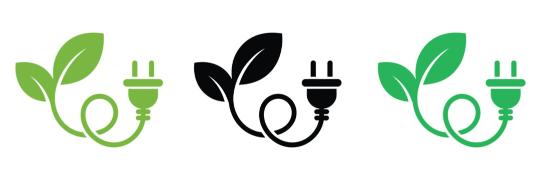 Eco power plug icons, leaf and electrical plug symbols for renewable energy, green technology, sustainable power and environmental protection designs