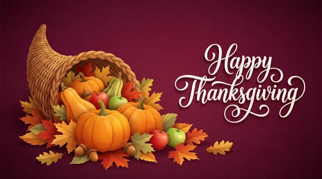 Happy thanksgiving cornucopia with pumpkins and fall leaves on red background