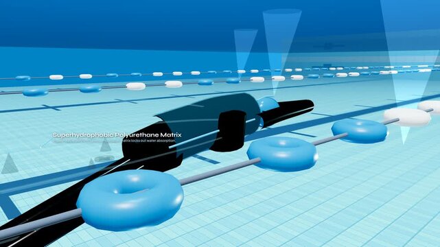 3D animation of a swimmer in a pool demonstrating a superhydrophobic polyurethane matrix suit that locks out water absorption to create a full hydrodynamic envelope for enhanced speed